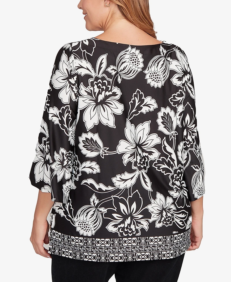 Ruby Rd. Plus Floral Geo Border Knit Top