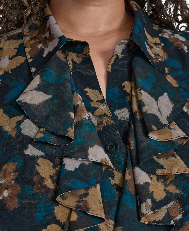 Calvin Klein Plus Printed Cap-Sleeve Ruffle-Front Blouse