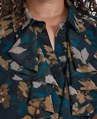 Calvin Klein Plus Printed Cap-Sleeve Ruffle-Front Blouse
