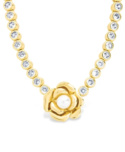 Sterling Forever Rosa Cultivated Pearl Flower Cubic Zirconia Tennis Necklace