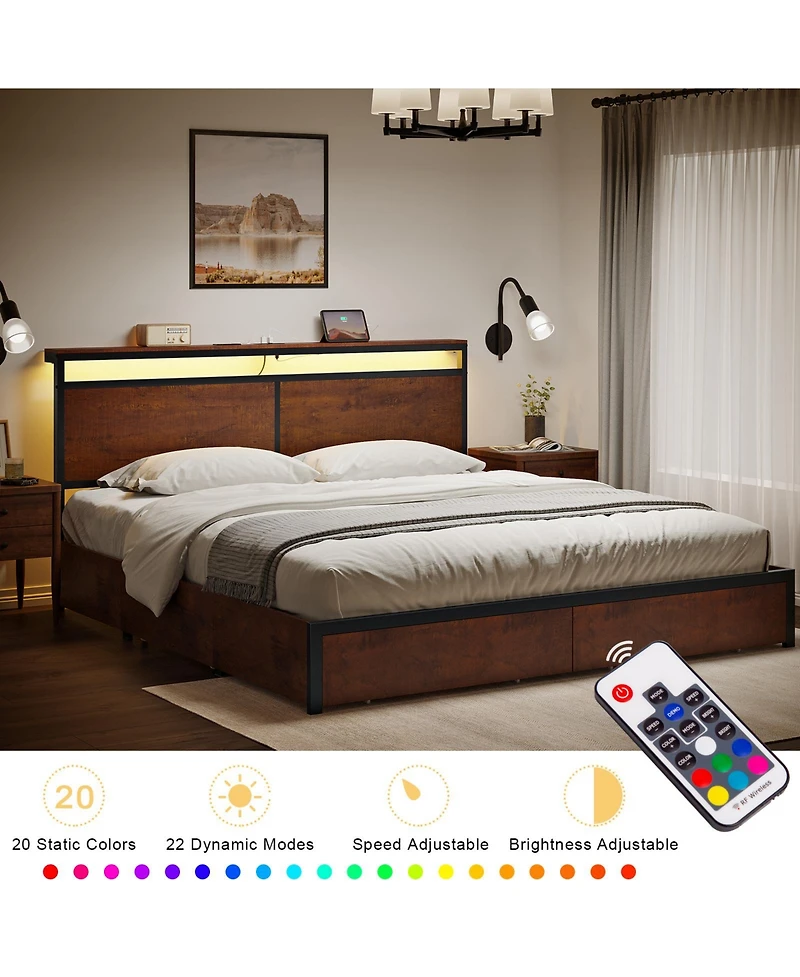 Hausource King Size Bed Frame with Led Storage Headboard & 4 Drawers & Charging Station