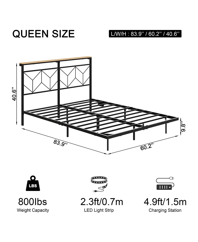 Hausource Queen Size Floating Bed Frame with Led Headboard & Charging Station No Box Spring Needed