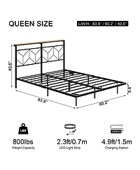 Hausource Queen Size Floating Bed Frame with Led Headboard & Charging Station No Box Spring Needed