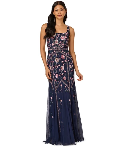 Adrianna Papell Women's Beaded Godet Square Neck Dress