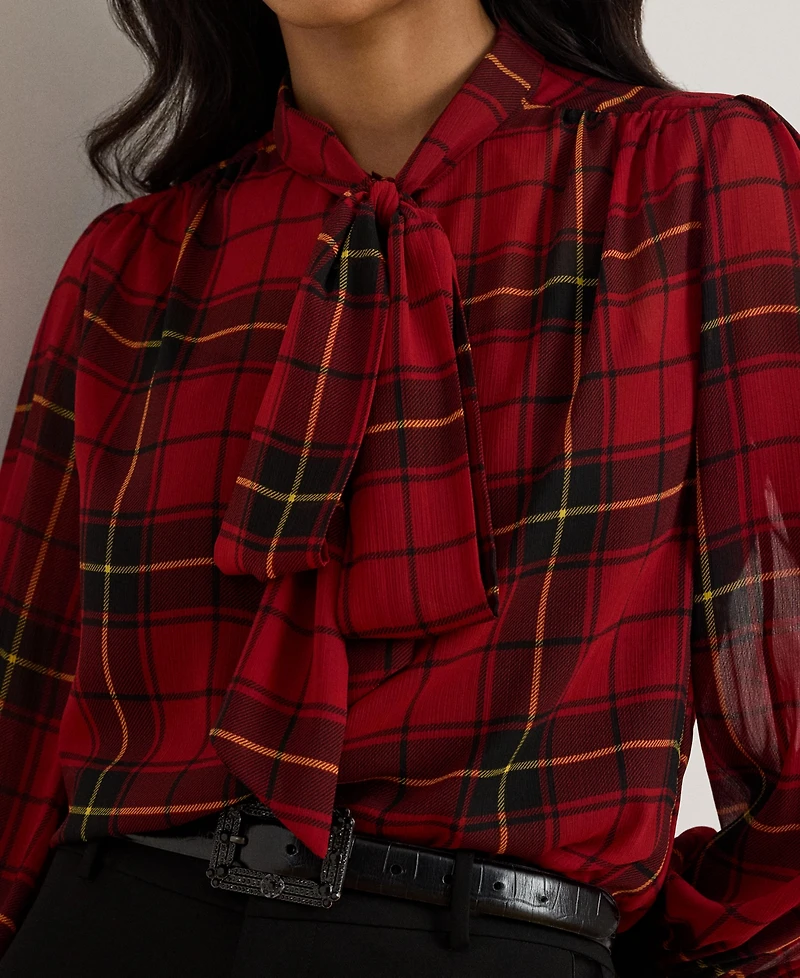 Lauren Ralph Women's Plaid Tie-Neck Blouse
