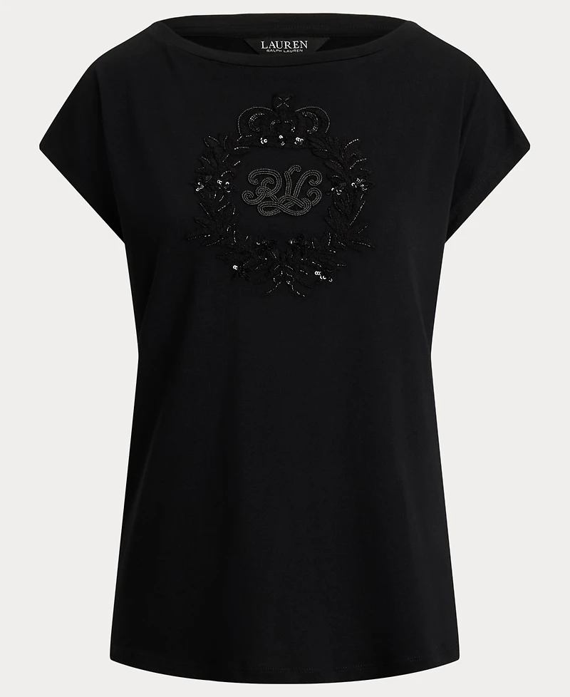 Lauren Ralph Women's Sequin Detail Boat Neck Jersey T-Shirt