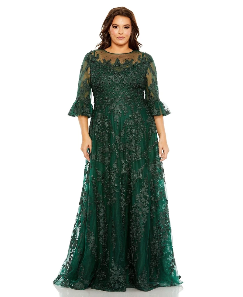 Mac Duggal Women's Plus High Neck Flutter Sleeve Embroidered A Line Gown