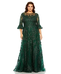 Mac Duggal Women's Plus High Neck Flutter Sleeve Embroidered A Line Gown