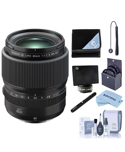 Fujifilm Gf 80mm f/1.7 R Wr Lens, Black, Bundle with 77mm Filter Kit, Lens Wrap, Lens Shade, Pen Lens Cleaner and Cleaning Kit