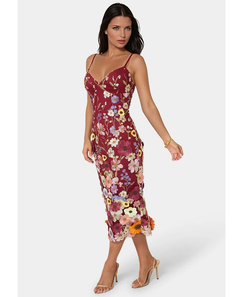 Bebe Women's 3D Floral Strappy V Midi Dress