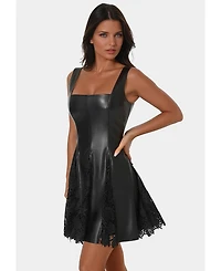 Bebe Women's Faux Leather Lace Inset Flare Dress