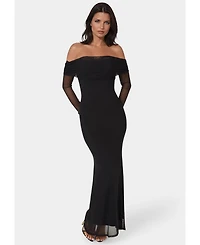 Bebe Women's Long Sleeve Off the Shoulder Mesh Maxi Dress
