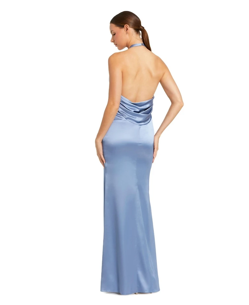 Mac Duggal Women's Fitted Satin Sleeveless V Neck Gown With 3D Flower