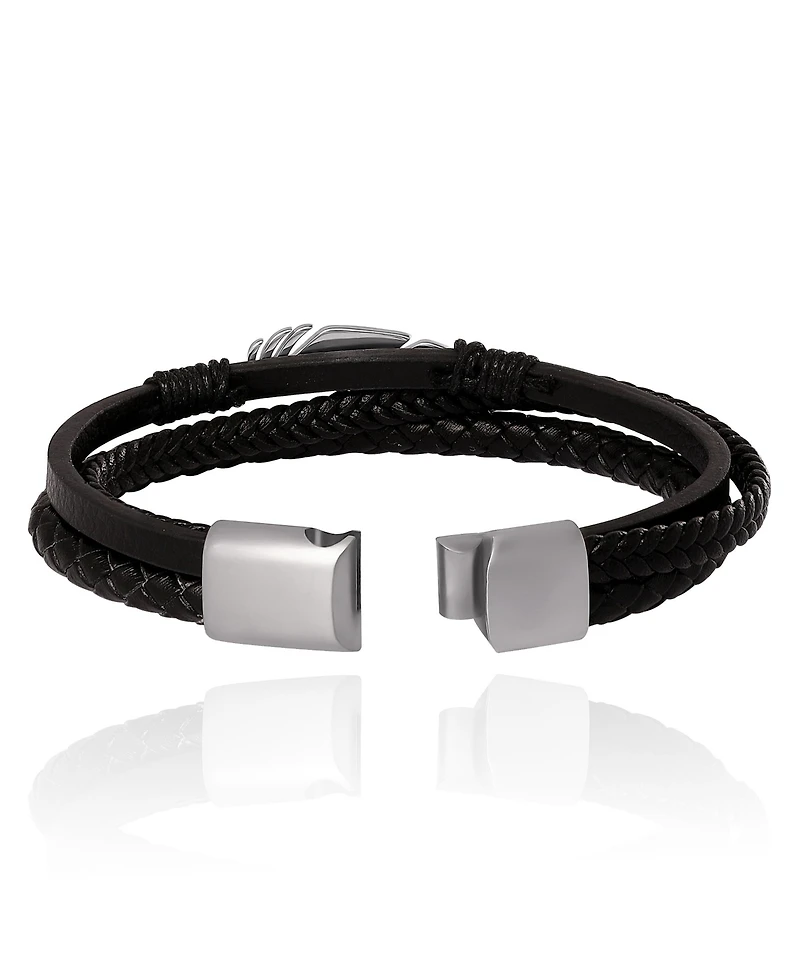 Lucky Brand Mens Triple Row Black Leather Bracelet with Silver Accents