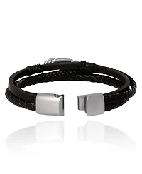Lucky Brand Mens Triple Row Black Leather Bracelet with Silver Accents