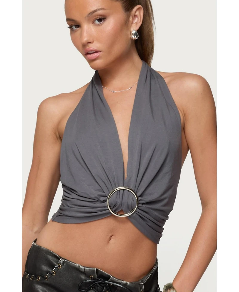 Edikted Womens Nessie Metal Ring Backless Halter Top