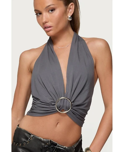 Edikted Womens Nessie Metal Ring Backless Halter Top