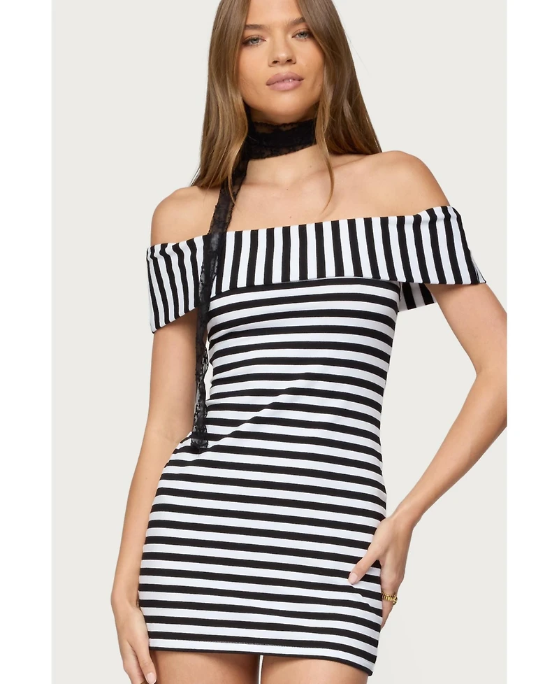 Edikted Women's Zivi Fold Over Striped Mini Dress