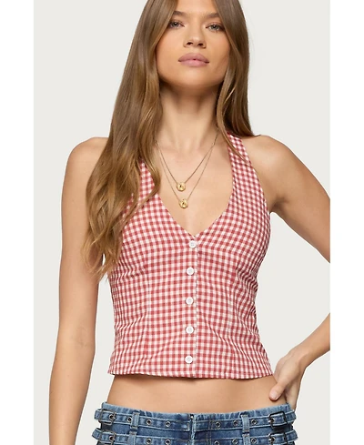 Edikted Womens Evan Gingham Button Up Halter Top