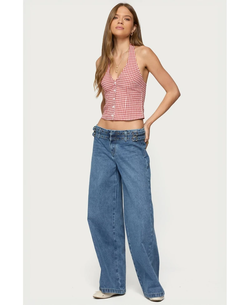 Edikted Womens Evan Gingham Button Up Halter Top