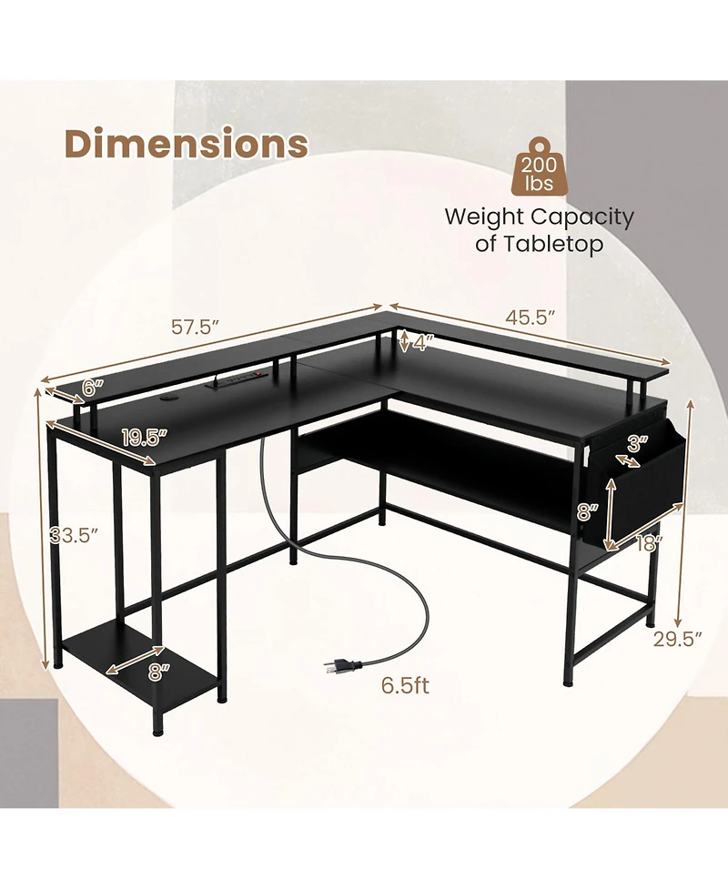 Gymax L-Shaped Gaming Desk w/ Led Lights & Power Outlets Monitor Stand Fabric Bag