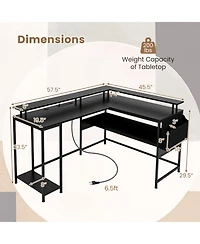 Gymax L-Shaped Gaming Desk w/ Led Lights & Power Outlets Monitor Stand Fabric Bag