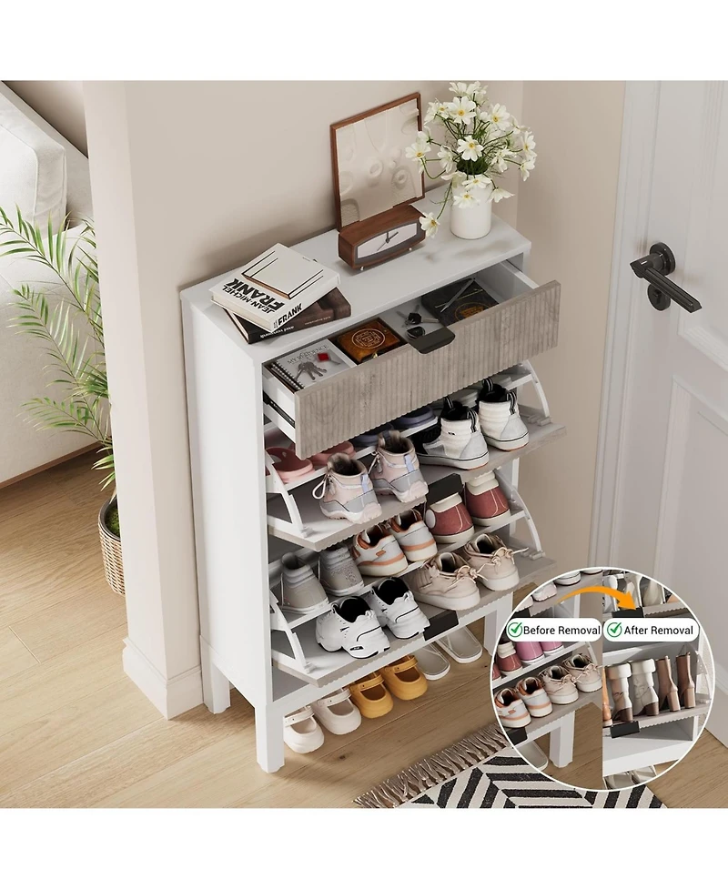 gaomon Shoe Storage Cabinet with 2 Flip Drawers, Entrance Wooden Shoe Rack with Iron Legs,Farmhouse Fluted Shoe Organizer for Entryway,Hallway,Foyer(W