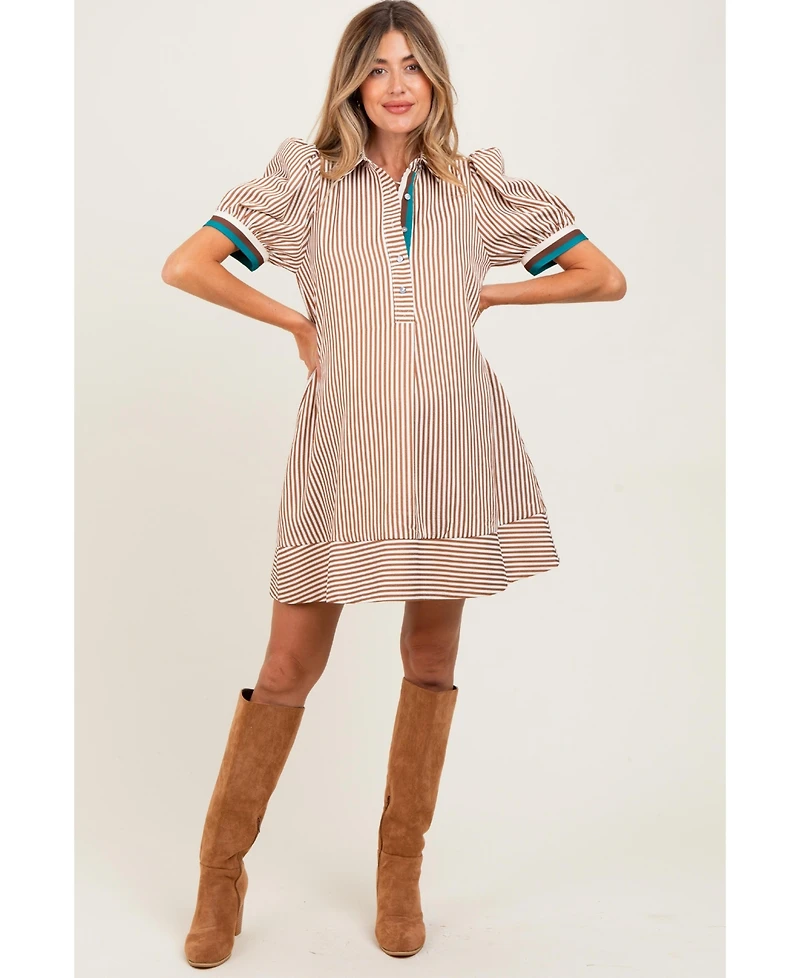 Pinkblush Camel Striped Puff Sleeve Maternity Mini Shirt Dress