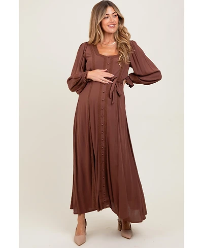 Pinkblush Brown Lace Detail Button Down Maternity Maxi Dress