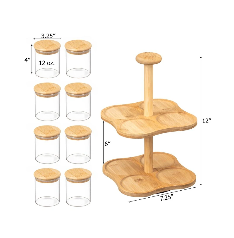 Basicwise Minimalist Two-Tier Bamboo Lazy Susan Turntable with 8 Pcs 12 oz Airtight Lid Glass Jars, Versatile Spice Rack Organizer, Perfect for Kitche