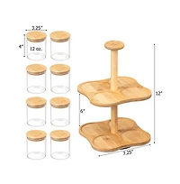 Basicwise Minimalist Two-Tier Bamboo Lazy Susan Turntable with 8 Pcs 12 oz Airtight Lid Glass Jars, Versatile Spice Rack Organizer, Perfect for Kitche