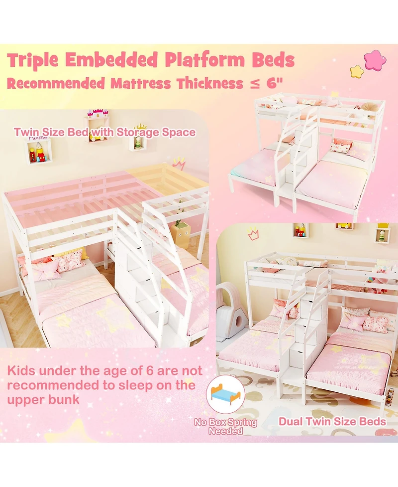 Gymax Wooden Twin Over Twin & Twin Bunk Bed w/ 4-Step Storage Staircase Guardrail