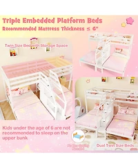 Gymax Wooden Twin Over Twin & Twin Bunk Bed w/ 4-Step Storage Staircase Guardrail
