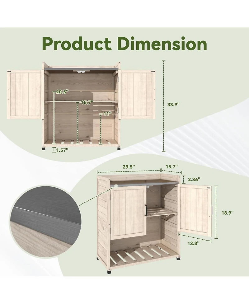 Aecojoy Potting Bench, Outdoor Wooden Storage Cabinet with Adjustable Shelf, Metal Tabletop