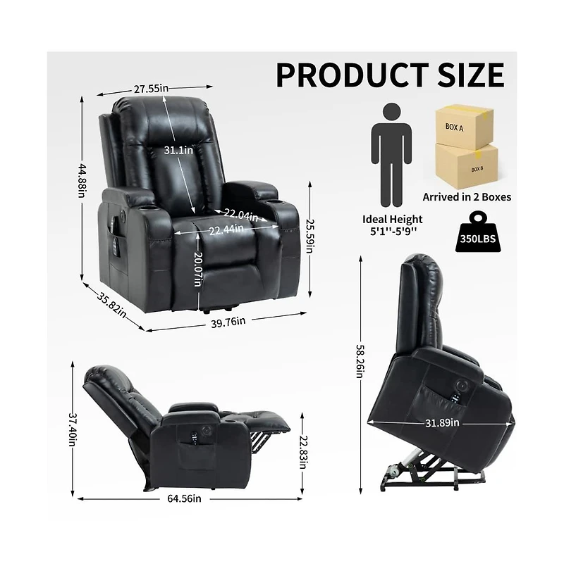Maison Boucle Electric Power Lift Recliner Chair with Massage & Heat, Faux Leather Reclining Chair with Remote & Usb Port-Maison Boucle