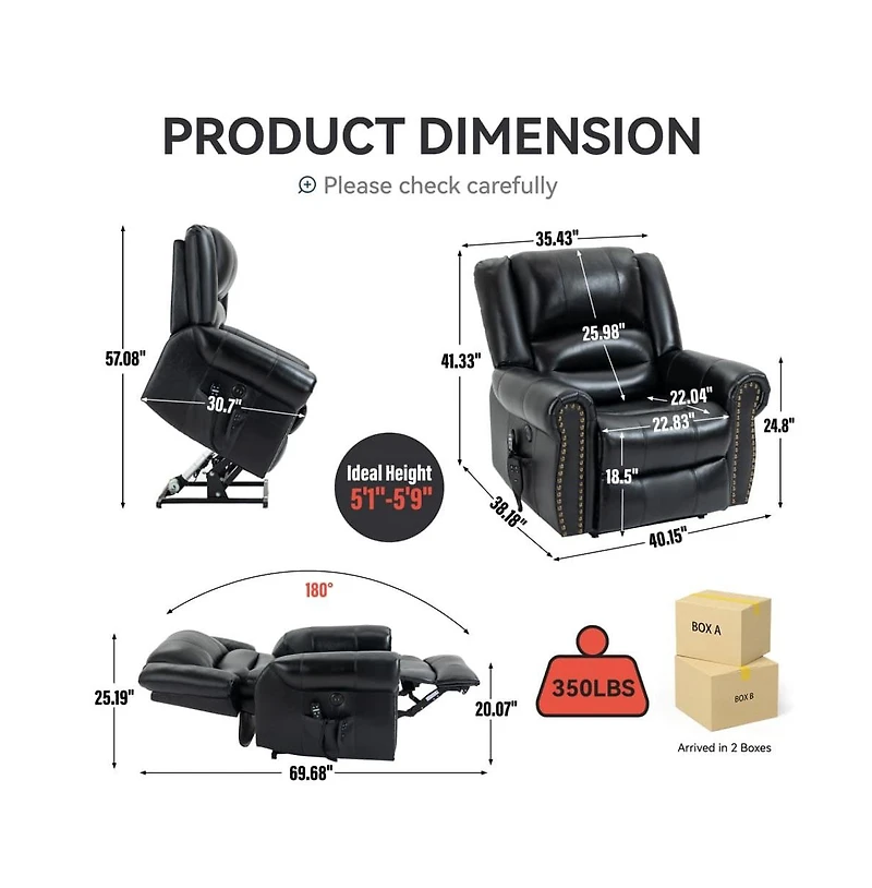 Maison Boucle Dual Motor Power Lift Recliner with Massage & Heat, Leather Electric Chair Usb Infinite Positions-Maison