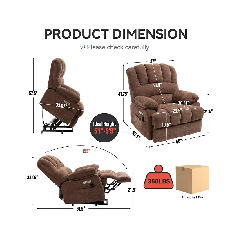 Maison Boucle Oversized Power Lift Recliner for Big & Tall Adults, 23" Wide Chenille Chair with Massage, Heat Usb-Maison