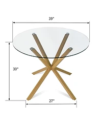 Elegant Minimalist Round Glass Dining Table with 39in Diameter and 4 Rattan Chairs, Modern Space-Saving Kitchen Set-Maison Boucle