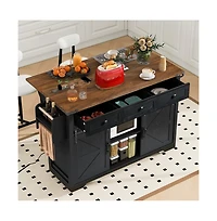 Maison Boucle 53.7" Farmhouse Kitchen Island with Drop Leaf, Power Outlet, Barn Doors & Drawers, Rolling Storage Cart-Maison Boucle
