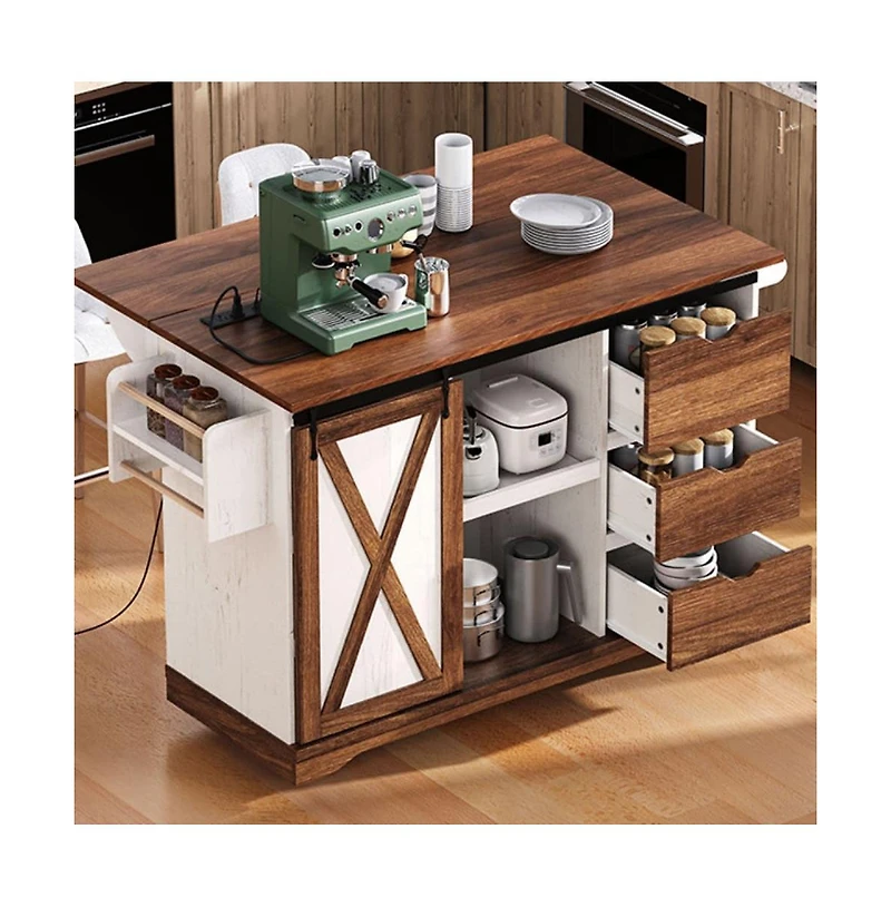 Maison Boucle 55.5" Farmhouse Kitchen Island with Drop Leaf, Barn Door, Power Outlet & Storage Drawers, Rolling Cart on Wheels-Maison Boucle