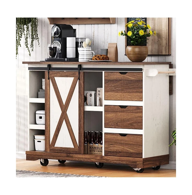 Maison Boucle 55.5" Farmhouse Kitchen Island with Drop Leaf, Barn Door, Power Outlet & Storage Drawers, Rolling Cart on Wheels-Maison Boucle