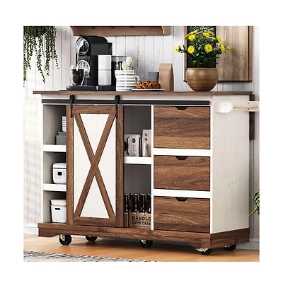 Maison Boucle 55.5" Farmhouse Kitchen Island with Drop Leaf, Barn Door, Power Outlet & Storage Drawers, Rolling Cart on Wheels-Maison Boucle