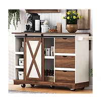 Maison Boucle 55.5" Farmhouse Kitchen Island with Drop Leaf, Barn Door, Power Outlet & Storage Drawers, Rolling Cart on Wheels-Maison Boucle