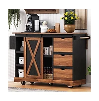 Maison Boucle 55.5" Farmhouse Kitchen Island with Drop Leaf, Barn Door, Power Outlet & Storage Drawers, Rolling Cart on Wheels-Maison