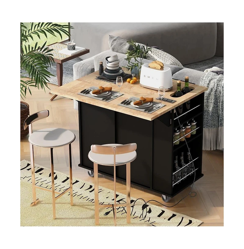 Maison Boucle Kitchen Island with Power Outlet, Drop Leaf, Wine Glass Rack & 2 Drawers, Mobile Cart Locking Wheels-Maison