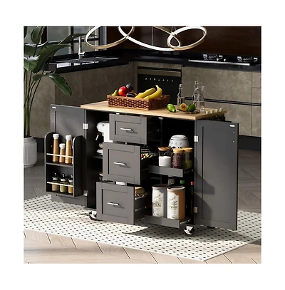 Maison Boucle 50" Rolling Kitchen Island with Rubber Wood Top, Slide-Out Shelves, 3 Drawers & Internal Storage Racks-Maison