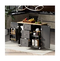 Maison Boucle 50" Rolling Kitchen Island with Rubber Wood Top, Slide-Out Shelves, 3 Drawers & Internal Storage Racks-Maison