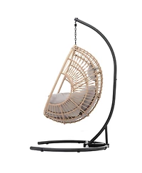 Natural Wicker Egg Swing Chair with Beige Cushion for Indoor and Outdoor Use