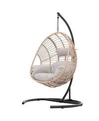 Natural Wicker Egg Swing Chair with Beige Cushion for Indoor and Outdoor Use