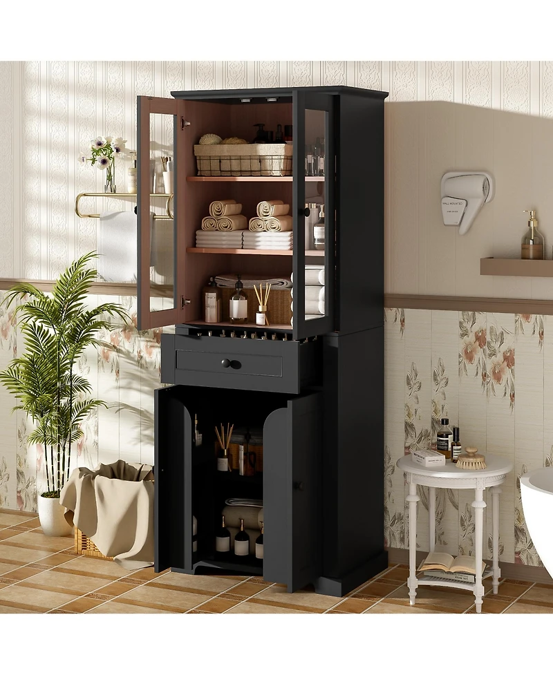 Casainc 67.2" Tall Bathroom Storage Cabinet with Tempered Glass Doors, Adjustable Shelves, Drawer and Soft-Close Designn
